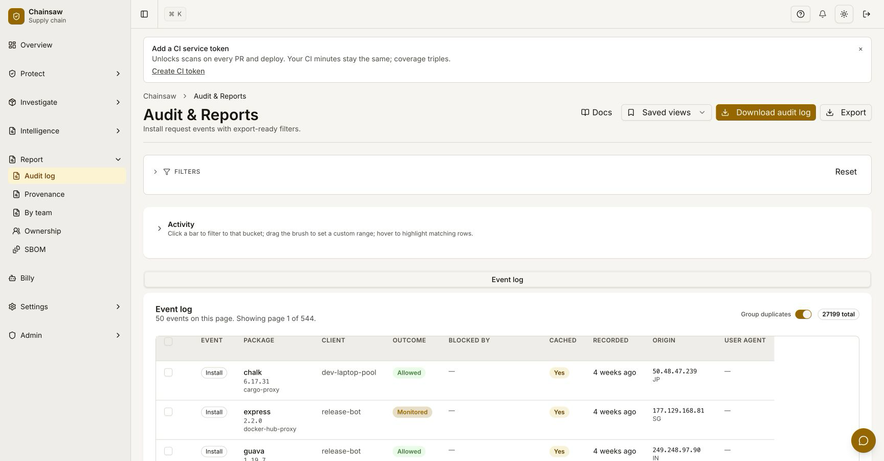 Traffic page showing first package install