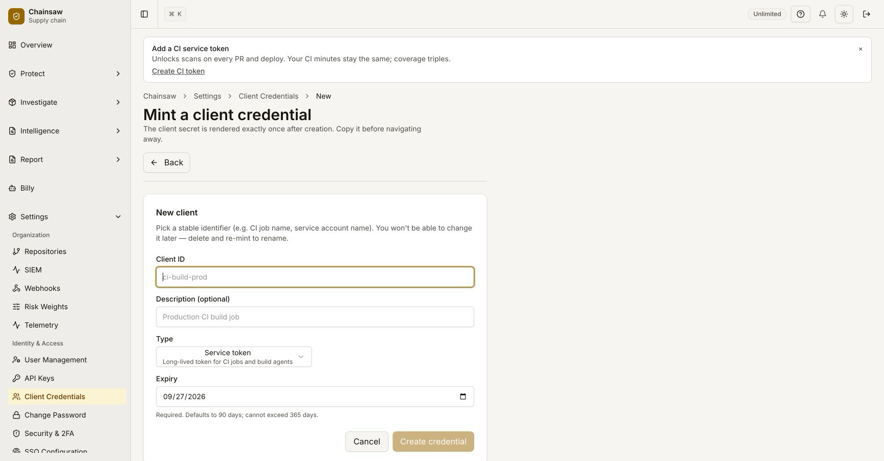 Create credential form