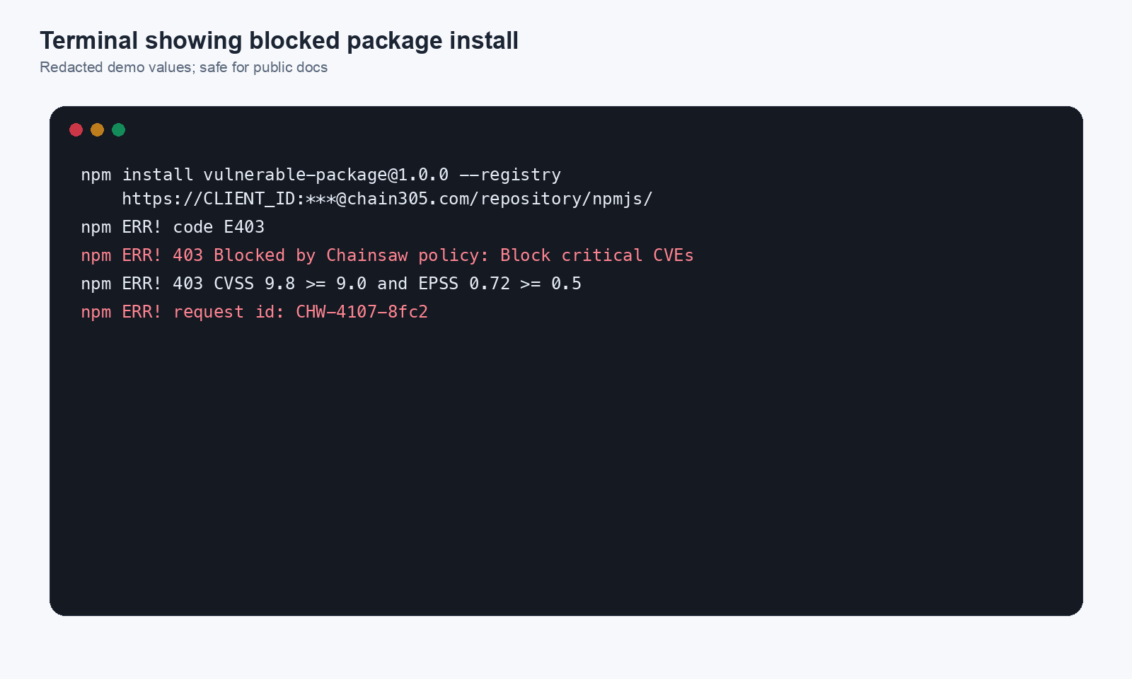 Terminal showing blocked package install