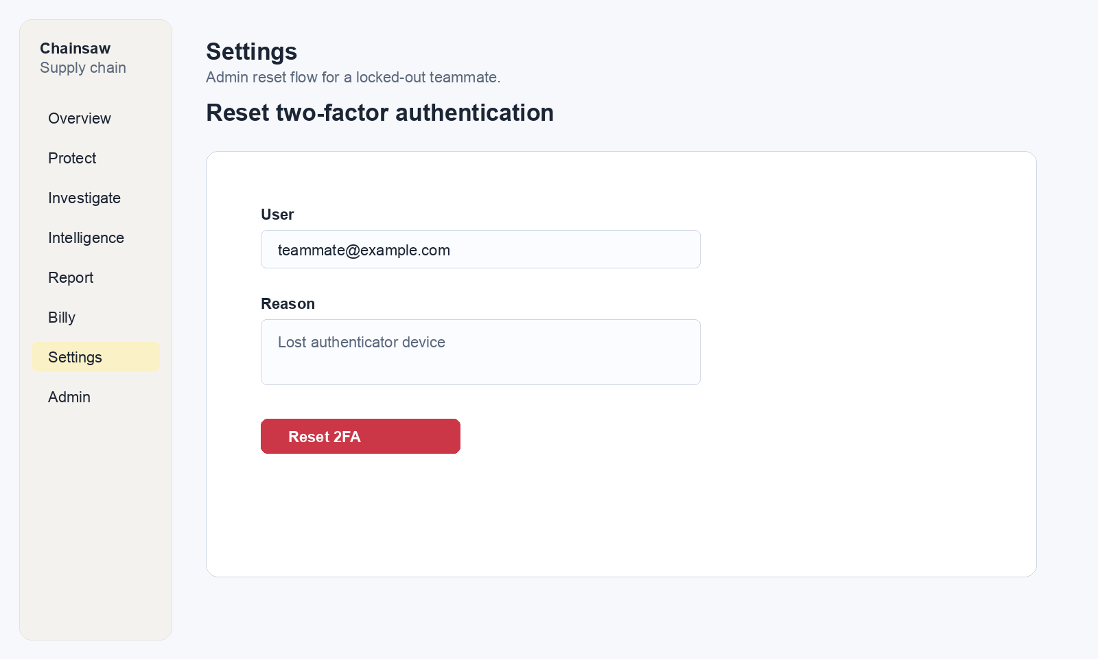 Admin resetting a user's 2FA