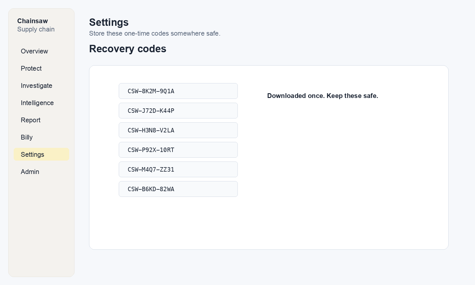 Recovery codes display