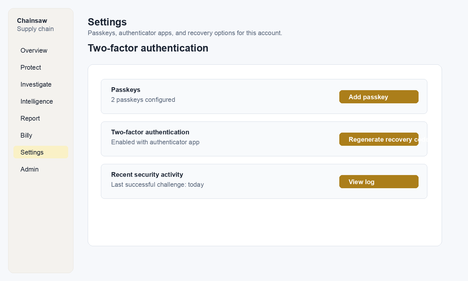 Security settings page