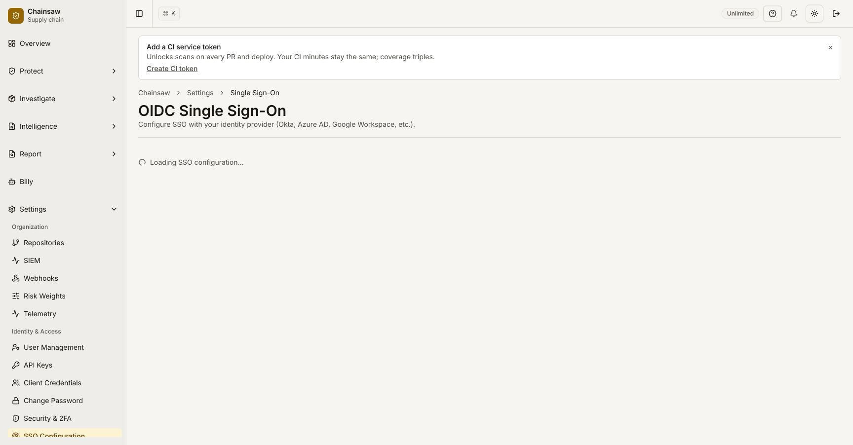 SSO login button on the login page