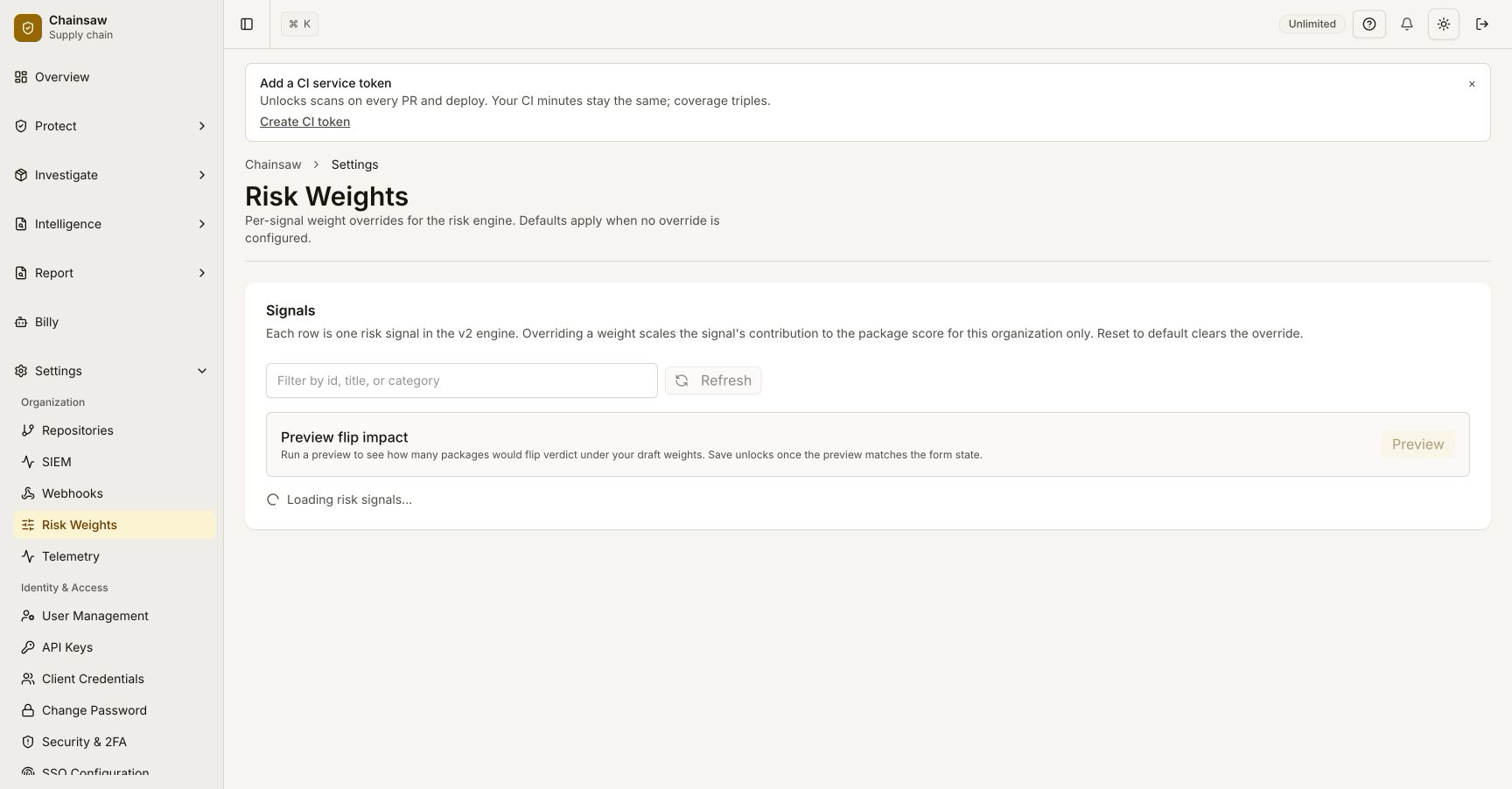 Risk Weights page with the full signal table